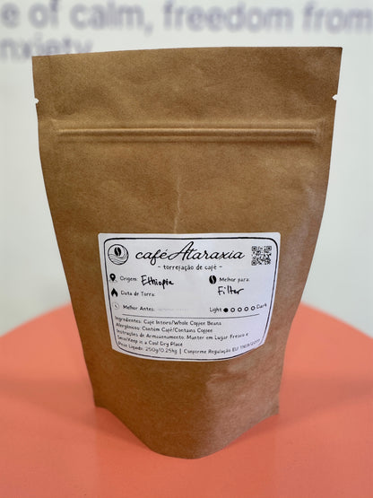 cafeAtaraxia Ethiopira specialty coffee, at cafeAtaraxia in Parede, Portugal. Freshly roasted small batch coffee beans by the beach.