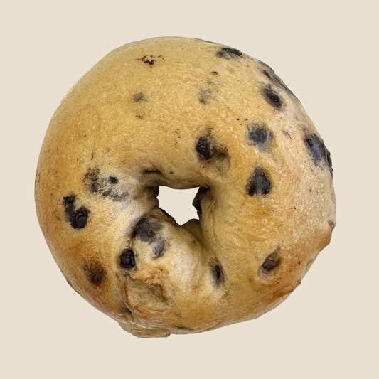 Chocolate chip bagel on a white plate with a light background